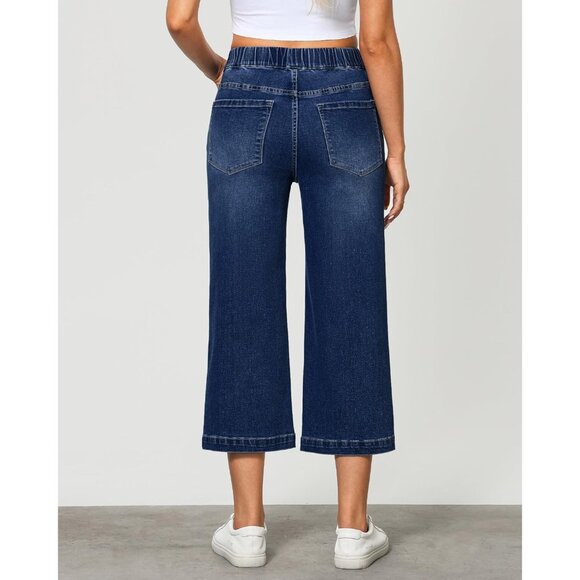 Women’s Wide Leg Capris Denim X-Large High Waist Pockets Stretchy Pants - Picture 2 of 6